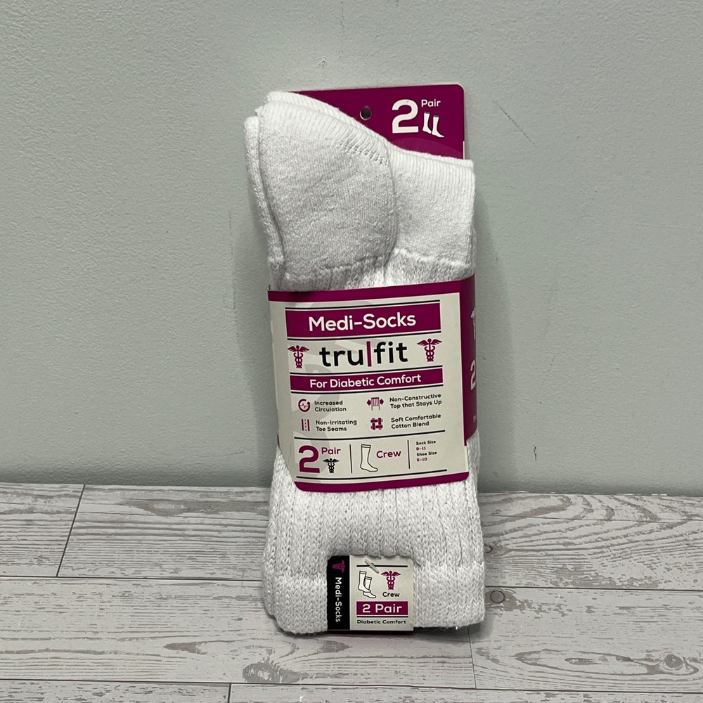 Trufit Medi-Socks 2 Pair White Crew Diabetic Comfort Socks Size 9-11